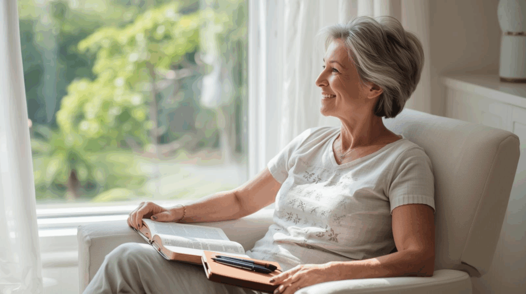 Woman enjoying the view while reading her Bible