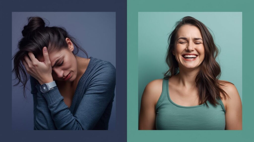 Two women sitting together — one looks anxious and overwhelmed, while the other is smiling with peace and confidence, representing the transformation from anxiety to joy.
