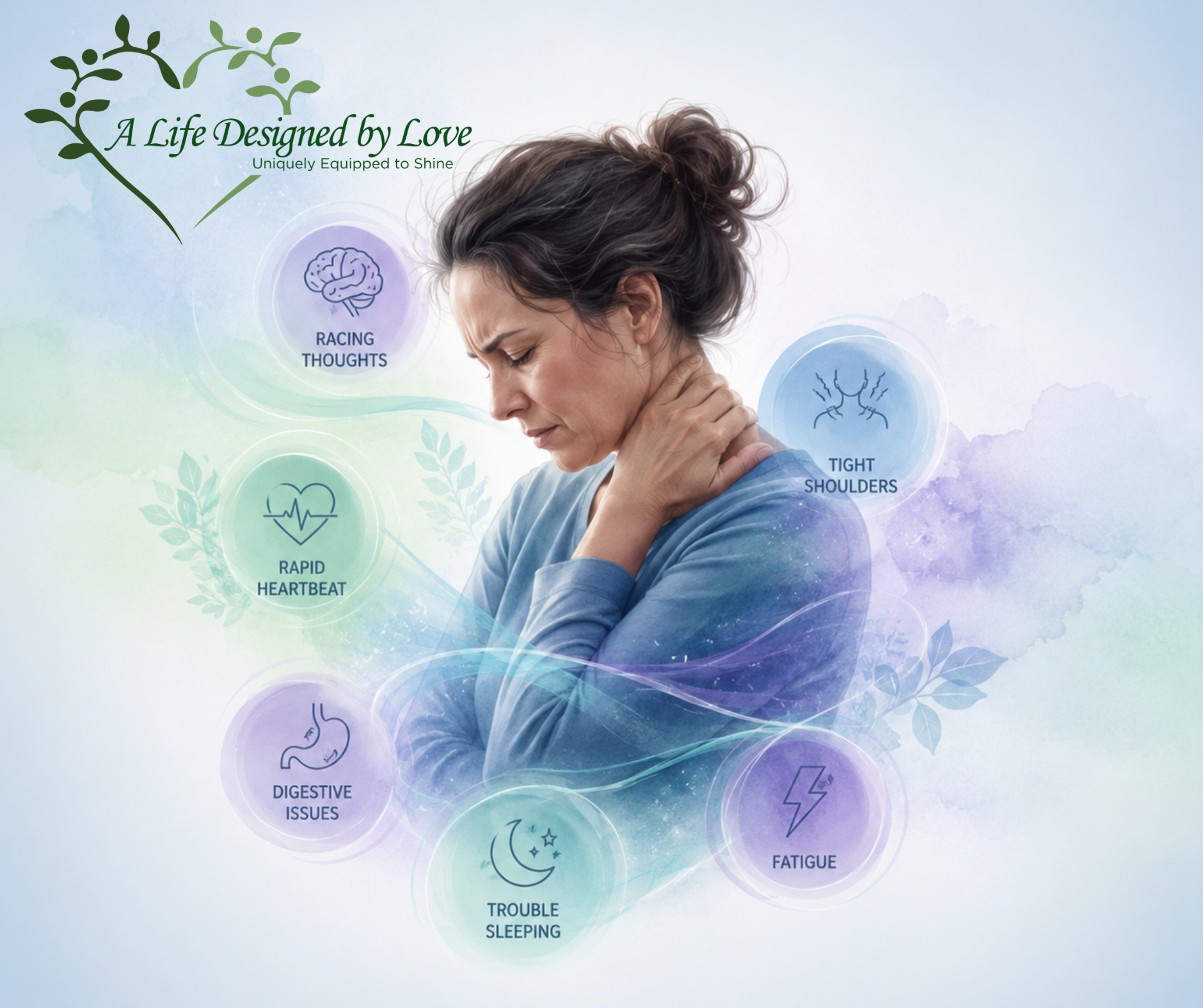 Woman looking stressed with words around her depicting ways our bodies carry stress
