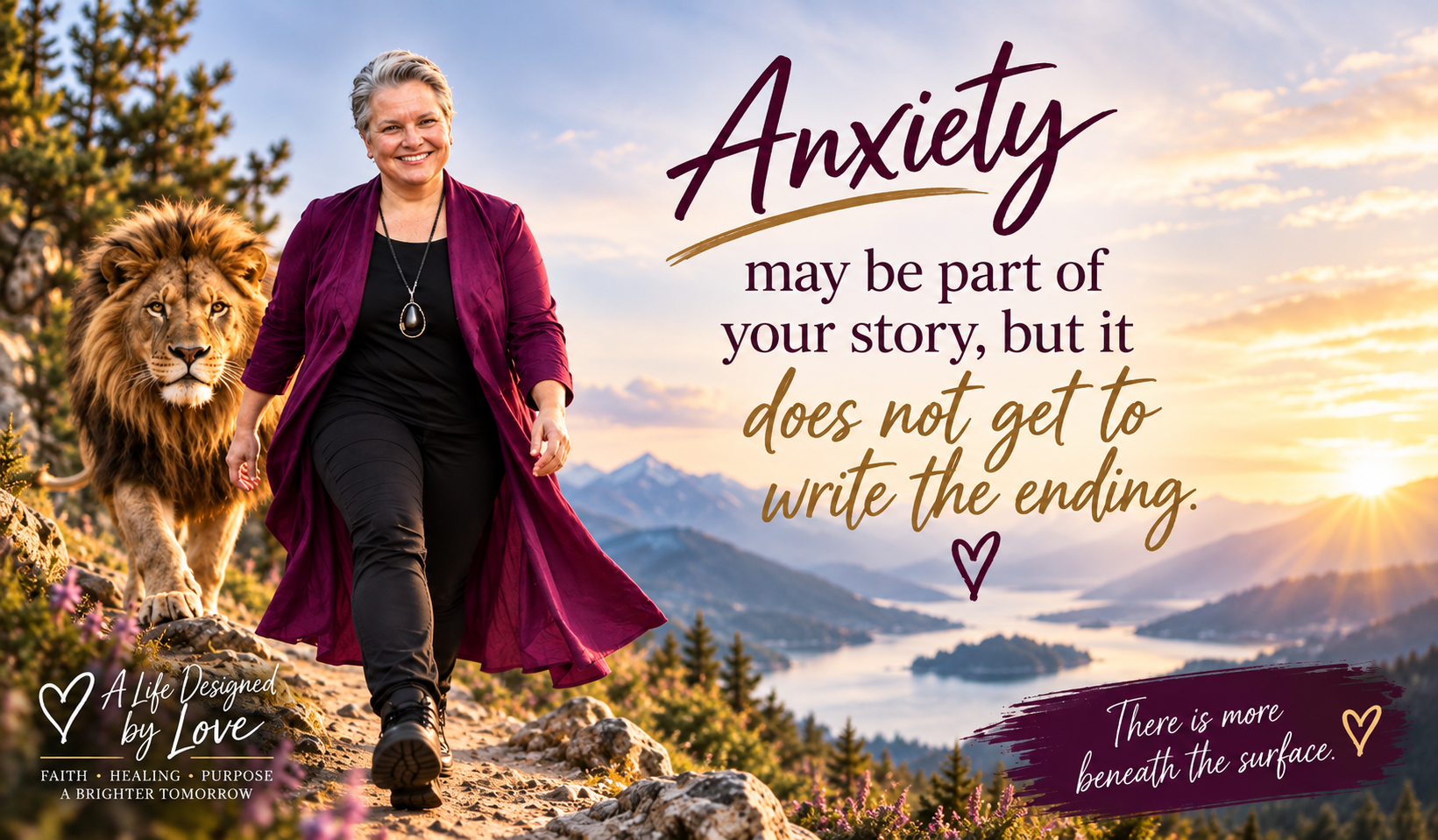 Florence walks confidently along a mountain trail beside a powerful lion, wearing a flowing purple jacket, with the words “Anxiety may be part of your story, but it does not get to write the ending.
